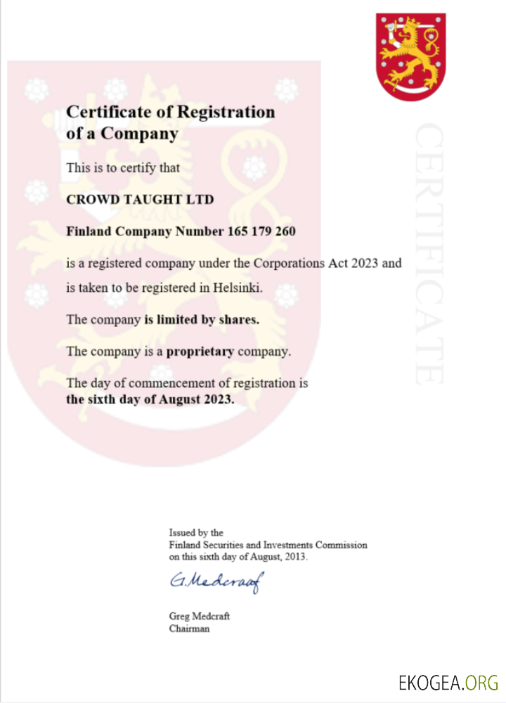 Modèle Word et PDF de certificat d'enregistrement de Finlande